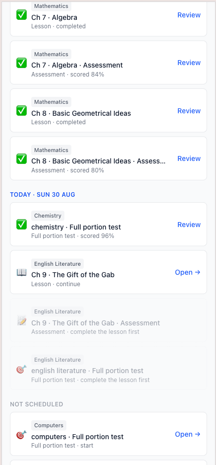 A child's daily study plan on a phone